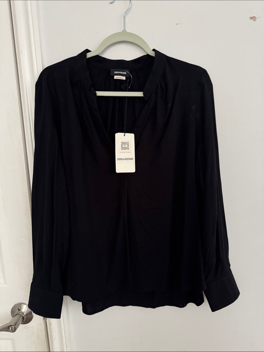 Zadig & Voltaire Black V-Neck Long-Sleeve Blouse size m